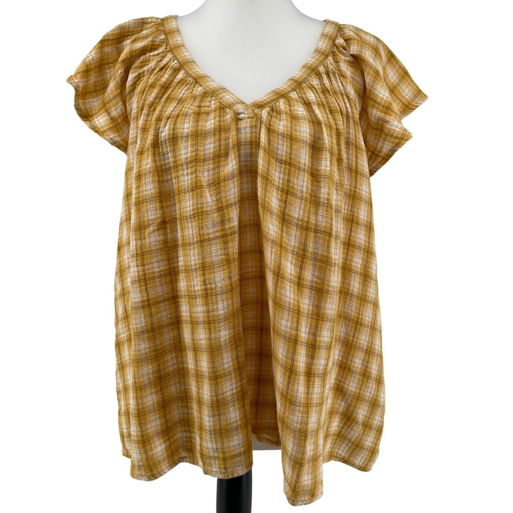 Old Navy Plaid Top Womens XL Yellow Cottagecore Boho Gauze Cotton Flutter Sleeve